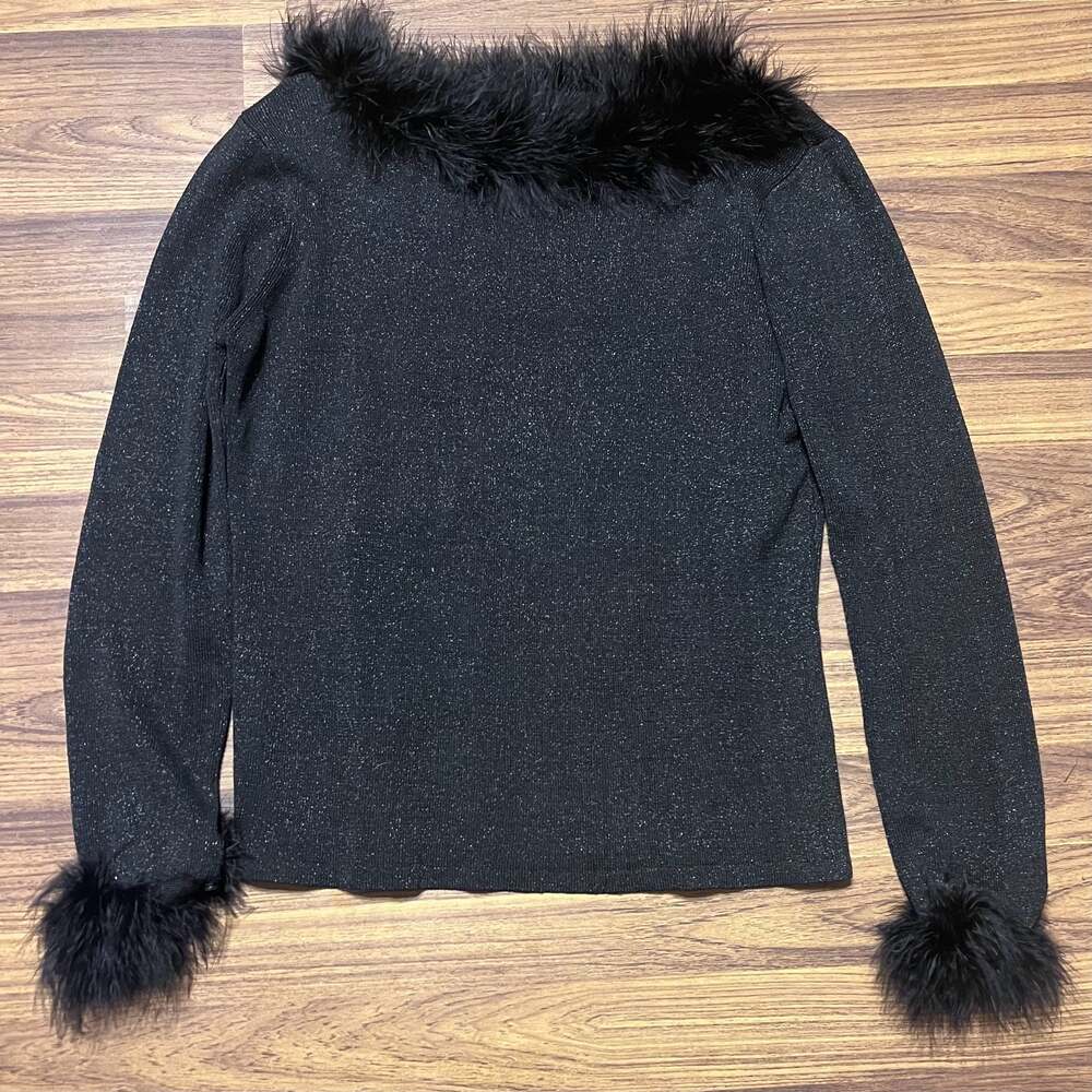 Y2K Black Shimmer Faux Fur Trim Short Jacket Size S